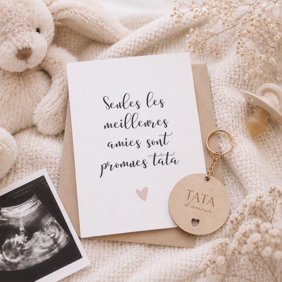 Annonce grossesse tata pour meilleures amies  – Cadeau future tata – Annonce bébé - Carte + Porte-clé pour future tata d’amour