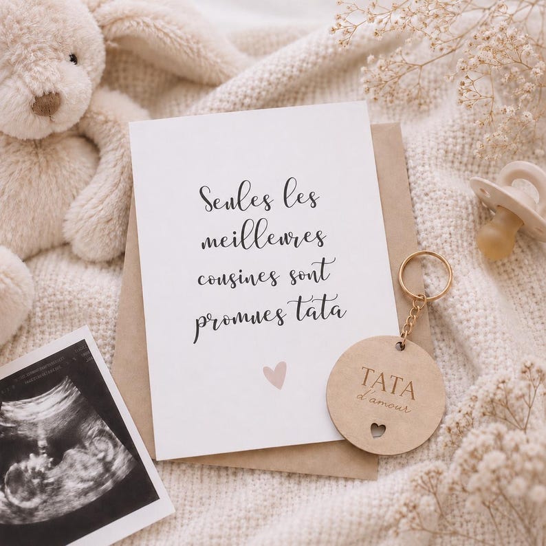 May include: A baby announcement card with the text "Seules les meilleures cousines sont promues tata" and a small pink heart. A wooden keychain with the text "TATA d'amour" hangs next to the card. A baby ultrasound image and a pacifier are also visible.