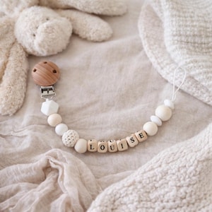 Attache-tétine personnalisée prénom bébé - Cadeau de naissance personnalisable  - Blanc, beige, bois - Attache-sucette mixte