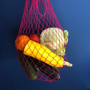 May include: A red mesh bag filled with fresh produce, including a yellow squash, a green cucumber, a red tomato, a purple eggplant, and a head of lettuce.