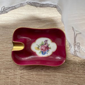 Vintage Hand Painted Porcelain Ashtray Woman Motif Small Floral Decor Collectible Ceramic Tray Retro Vanity or Home Accent