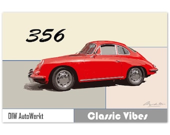 Roter Porsche 356 Grafik auf Aluminium