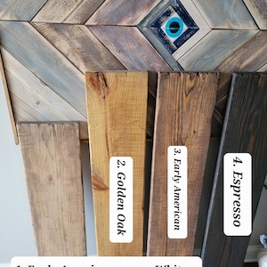 May include: Four wood samples stained in different colours: Espresso, Early American, Golden Oak, and Early American over a white pickling wash.