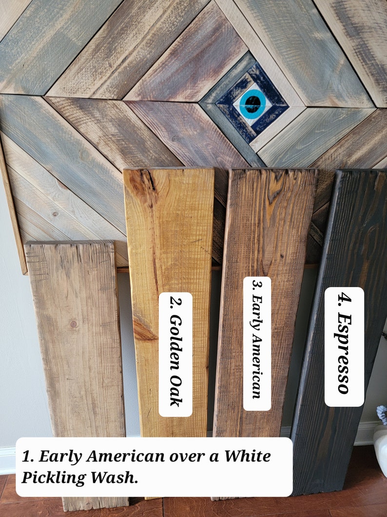 May include: Four wood samples stained in different colours: Espresso, Early American, Golden Oak, and Early American over a white pickling wash.