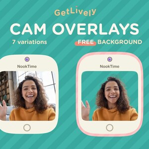 Peut inclure: Sur fond turquoise à rayures diagonales blanches, le texte "GetLively CAM OVERLAYS" en blanc et les mots "7 variations" et "FREE BACKGROUND". Deux cadres numériques affichent une femme souriante.