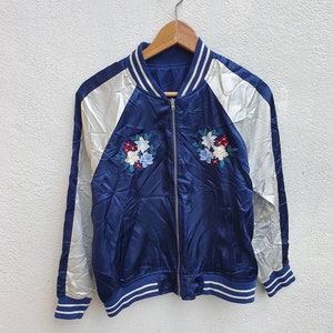 Vintage Floral Sukajan Japanese Souvenir Style Embroidered Bomber Satin Reversible Jacket Women&#39;s Size M