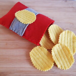 Felt Bag of Chips with 5 chips, Handmade Felt Food, Play Food, Play Kitchen, Dramatic Play