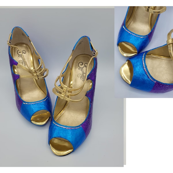 Purple Blue Sparkles Vintage Style High Heels US Size 11