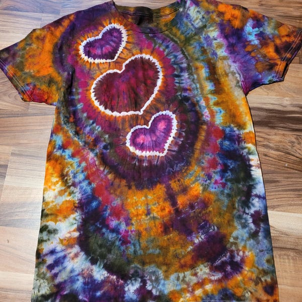 Heart ~ Triple Heart ice dyed tie dye t shirt Adult sizes small to 2xl