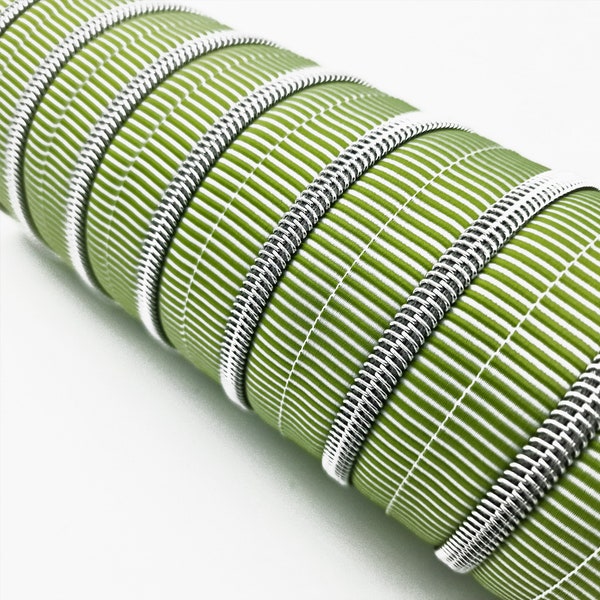 Striped zipper with metalized wide rail - apple green-white/silver