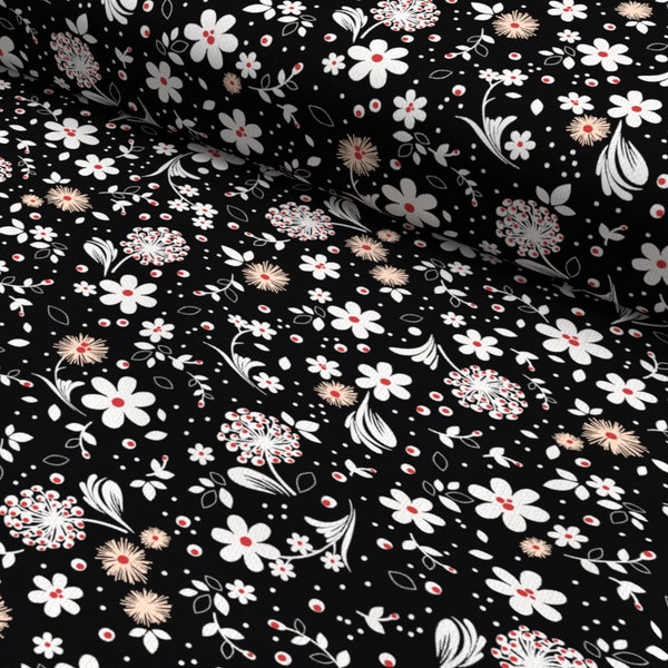 Baumwollstoff mit Blumenwiesenmotiv in Schwarz, Weiß – by snoozeboo