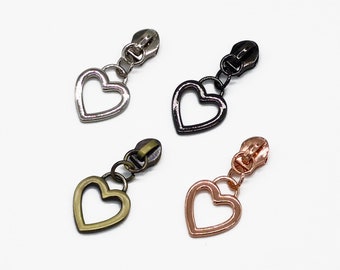 Reißverschluss Zipper mit #5 Schieber Herz – Silber, Gunmetal, Messing/Bronze, Kupfer/Roségold