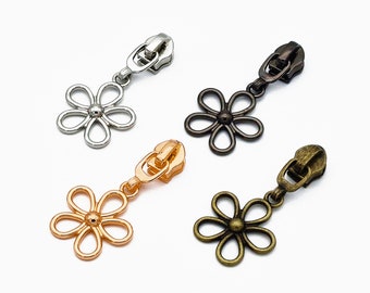 Reißverschluss Zipper mit #5 Schieber Blume – Silber, Gunmetal, Messing/Bronze, Kupfer