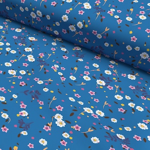Cotton fabric with delicate flowers and leaves in blue - by snoozeboo