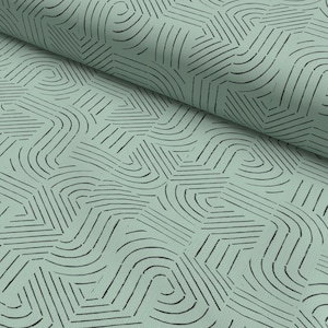 Könnte beinhalten: Ein Nahaufnahme eines hellblauen Stoffes mit einem schwarzen geometrischen Muster. Das Muster besteht aus dünnen Linien, die eine Reihe von sich überlappenden Formen bilden.