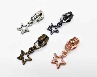 Reißverschluss Zipper mit #5 Schieber Sterne – Silber, Gunmetal, Messing/Bronze, Kupfer/Roségold