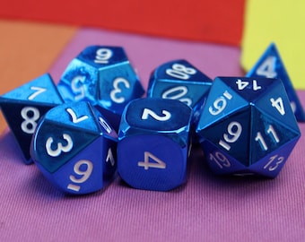 Metal Bright Blue Dice Set with Display Box - Solid Metal Dice Set for DnD | Dungeons & Dragons | Tabletop d20 RPGs