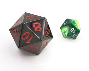 Metal Extra Large Jumbo D20 (33mm) with Black Nickel with Red Numbering
