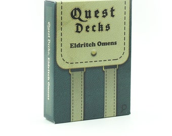 May include: A green and tan box with the text "Quest Decks: Eldritch Omens" on the side and "Quest Decks" and "Eldritch Omens" on the front.