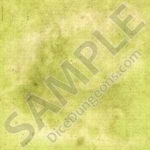 Puede incluir: Un mapa cuadrado con un patrón de cuadrícula, en tonos verdes y amarillos descoloridos. La palabra "SAMPLE" está impresa en diagonal en el mapa, junto con la dirección del sitio web "DiceDungeons.com". El mapa está diseñado para juegos de rol de mesa.