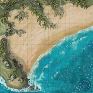 May include: Overhead view of a detailed fantasy map depicting a tropical beach scene. The map features a sandy beach, turquoise ocean, lush green vegetation, and palm trees. The map is gridded, suggesting it's designed for tabletop role-playing games.