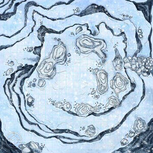Könnte beinhalten: Detaillierte Draufsicht-Illustration einer verschneiten Landschaft, wahrscheinlich eine Karte für ein Tabletop-Spiel. Das Design zeigt ein Raster-Overlay mit sich schlängelnden Flüssen und bergigem Gelände in Grau- und Weißtönen. Die Gesamtästhetik erinnert an eine Fantasy-Umgebung.