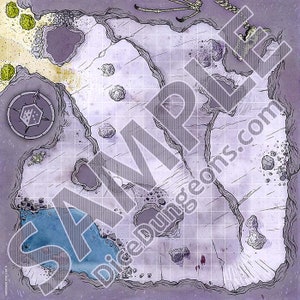 May include: A fantasy map with a grid overlay, featuring a detailed landscape with a compass rose, a body of water, and various terrain features. The map is in shades of gray and purple, with the text "SAMPLE DiceDungeons.com" overlaid.