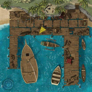 May include: Detailed map showing a coastal dock scene from above. Wooden docks extend into turquoise water, with several boats moored. Palm trees and a sandy beach are visible, along with crates and structures on the docks. A yellow triangular sail is also present.