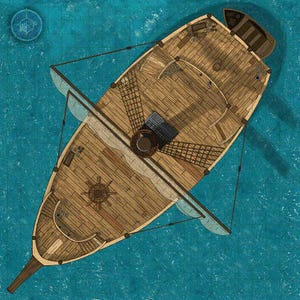 Puede incluir: Vista aérea de un barco de madera sobre agua azul. El barco presenta una cubierta detallada con timón, aparejos y una pequeña embarcación en la popa. El barco se encuentra sobre un patrón de cuadrícula, posiblemente para un mapa o tablero de juego.