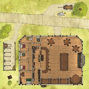 Peut inclure: Vue aérienne d'une carte fantastique détaillée d'une taverne et de ses environs. La carte présente un bâtiment à deux étages avec un bar, des tables et des chambres. Un chemin, des arbres et une charrette sont également visibles.