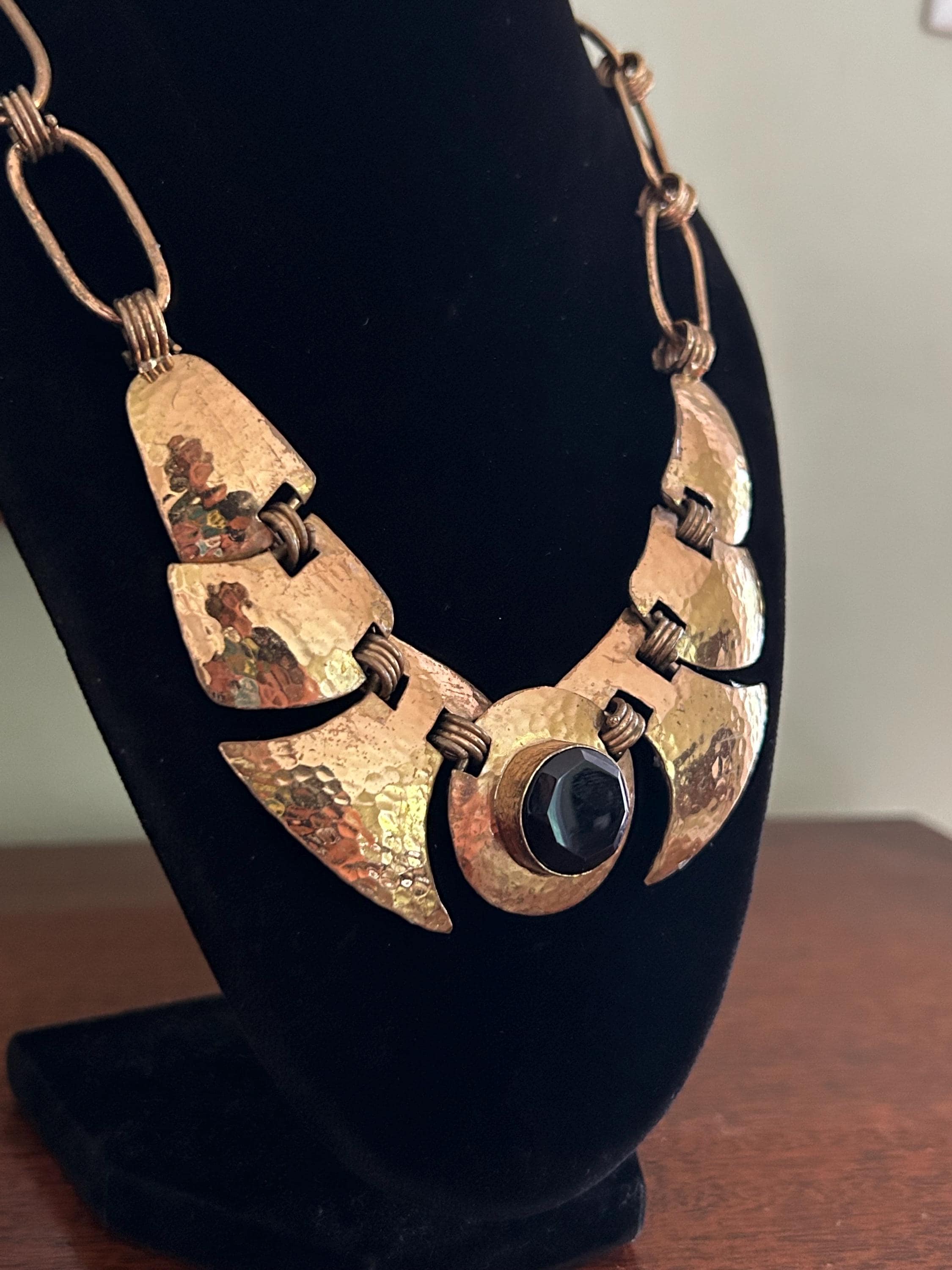 Vintage IXEL Mexican Designer Hammered Brass and Onyx Collar