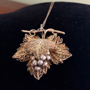 Vintage TOPAZIO Portugal Sterling Vermeil Cannetille Filigree Leaf Pendant on Chain