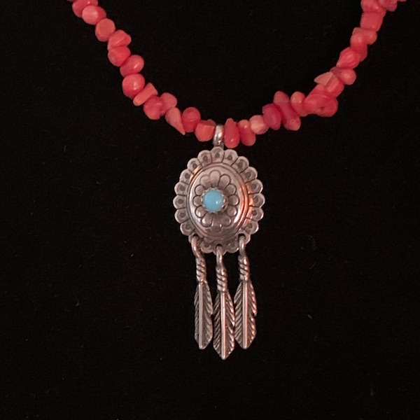 Q.T. Quoc 925 Silver and Turquoise Shield and Feather Pendant on Coral Nugget Choker Signed