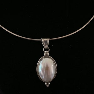 Vintage Sterling Silver and Mother of Pearl Pendant on 16” Sterling Silver Omega Chain