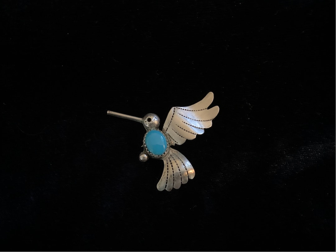 Broche épingle Colibri Faux - Ton Turquoise Et Corail Doré - Occasion Bon état - Pierre Corail