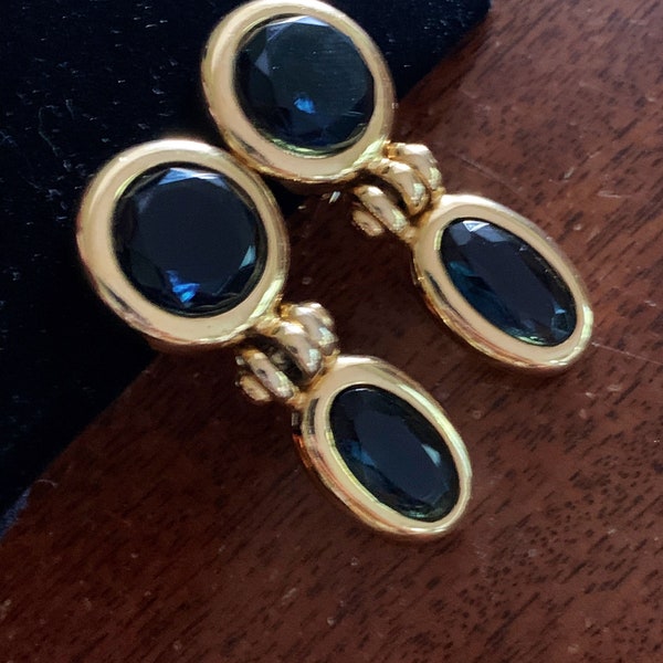 Vintage David Grau Sapphire Colored Glass and Gold Tone Clip On Earrings 1980d