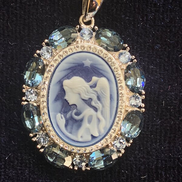 Vintage Blue Agate Praying Angel Cameo with Promise Engraving on Double Chain