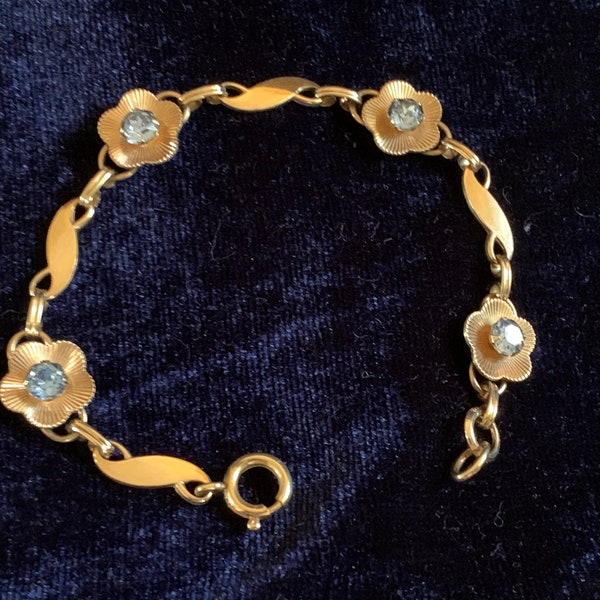 Vintage VAN DELL 12K Gold Filled Rhinestone Flower Bracelet