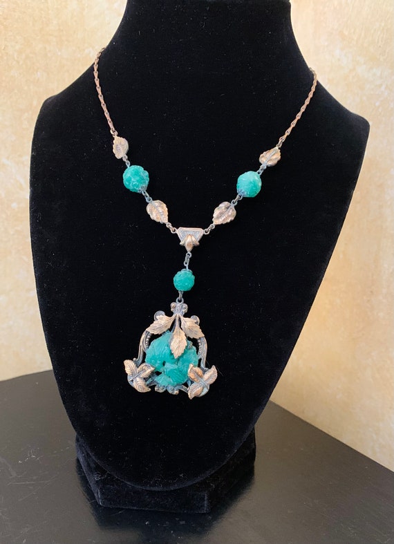 Antique Edwardian Carved Jade Glass Lavalier Necklace Gem