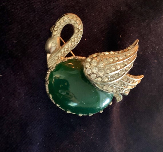 Vintage Silver and Paste Swan with Domed Green Ag… - image 2