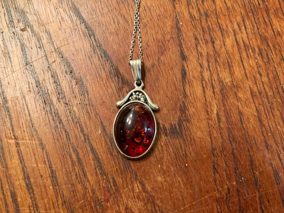 Vintage Sterling Silver and Baltic Amber Pendant … - image 1