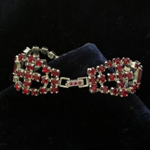 Vintage KRAMER Signed Red Ruby Rhinestone Bracelet