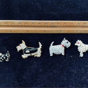 Three Vintage Scottie Dog and One Poodle Brooches Mid-Century Cardigan Pin