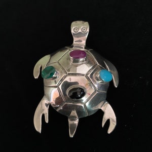 Vintage Modernist Smiling Sea Turtle 1980s Sterling Silver