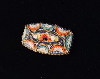 1900s Victorian/Edwardian Micro Mosaic Tesserae Florentine Brass Brooch | Italian