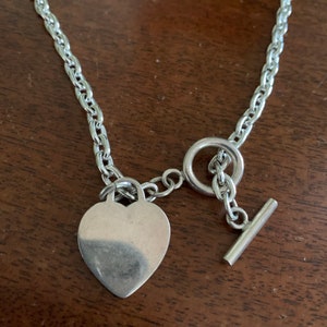 Vintage Heart Tag Charm Sterling Silver Toggle Chain Necklace 1980s