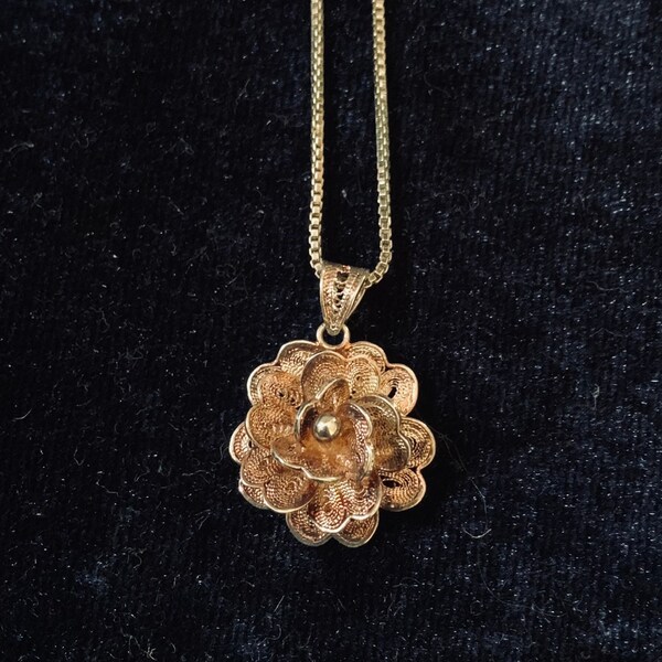 Antique Italian Signed Filigree Flower Pendant 1950s