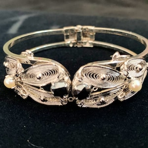 Vintage Sorrento Filigree Sterling Silver Hematite and Pearl Cuff