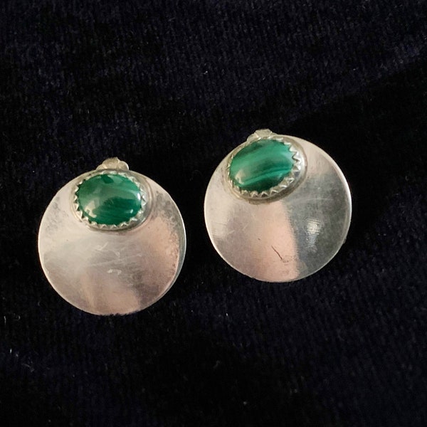 Vintage Sterling Silver and Malachite Earrings | Stamped “L” | Likely Zuni