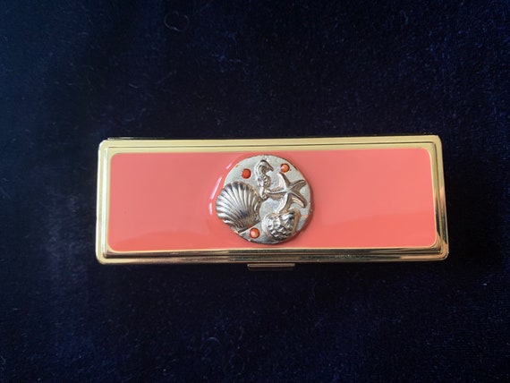 Vintage Coral Enamel and Gold Tone Lipstick Case … - image 1